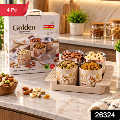 Nekza Golden dry fruit container set with serving tray, 4 containers, supplied SKU photo