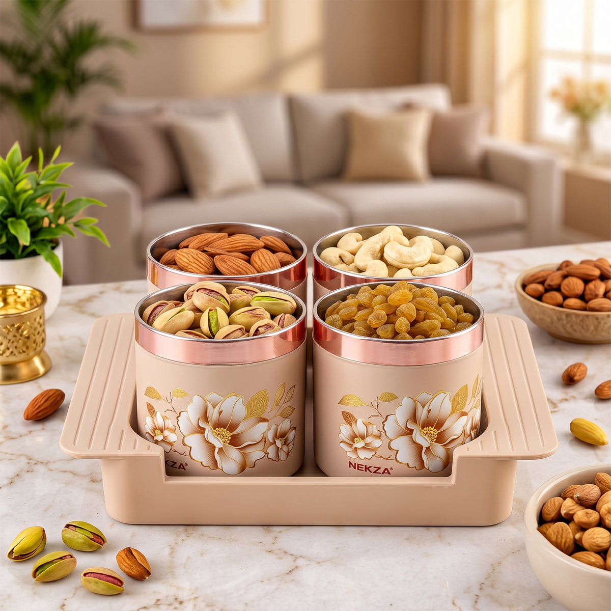 Nekza Golden dry fruit container set with serving tray, 4 containers, product view 3
