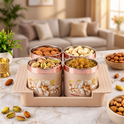 Nekza Golden dry fruit container set with serving tray, 4 containers, product view 3