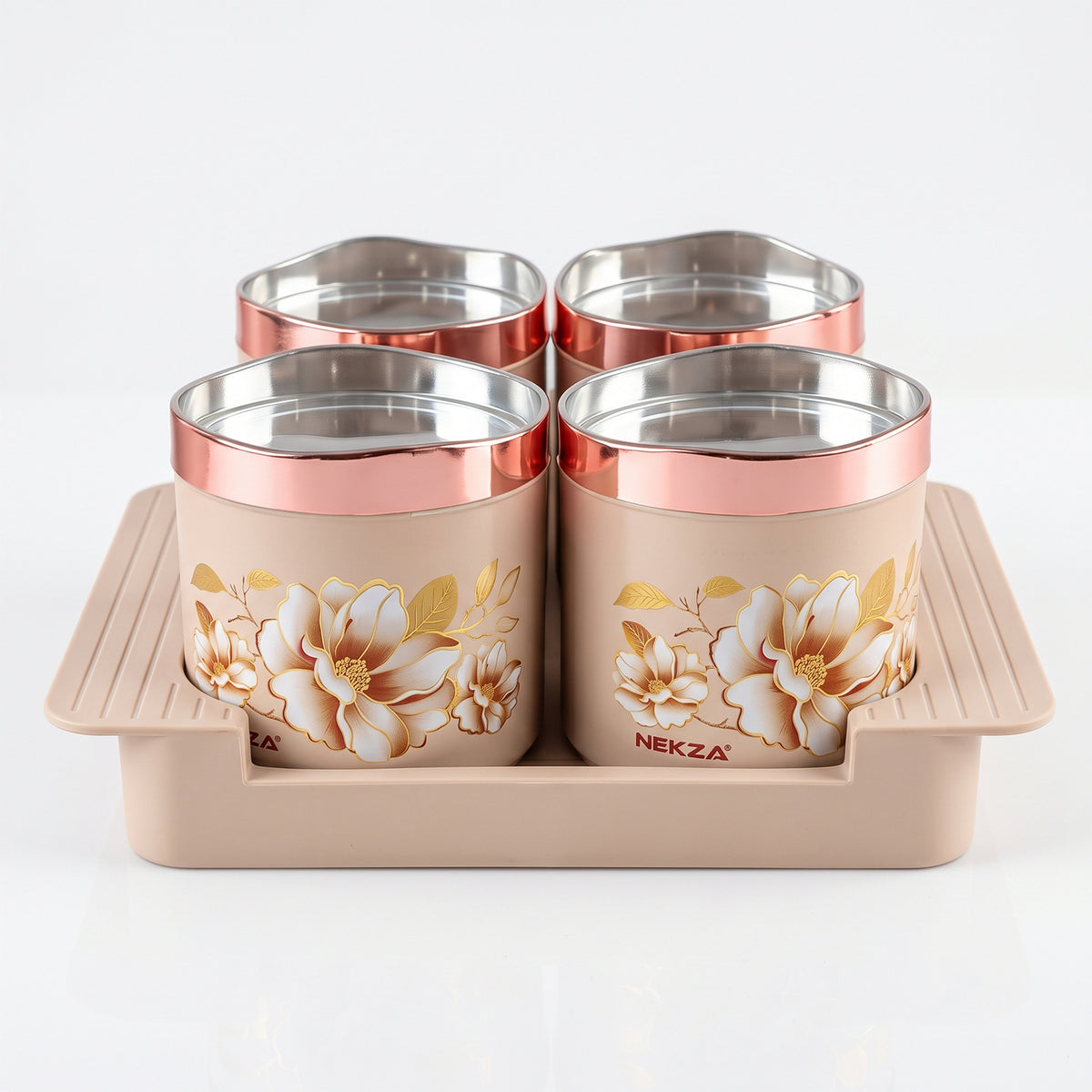 Nekza Golden dry fruit container set with serving tray, 4 containers, plain background view