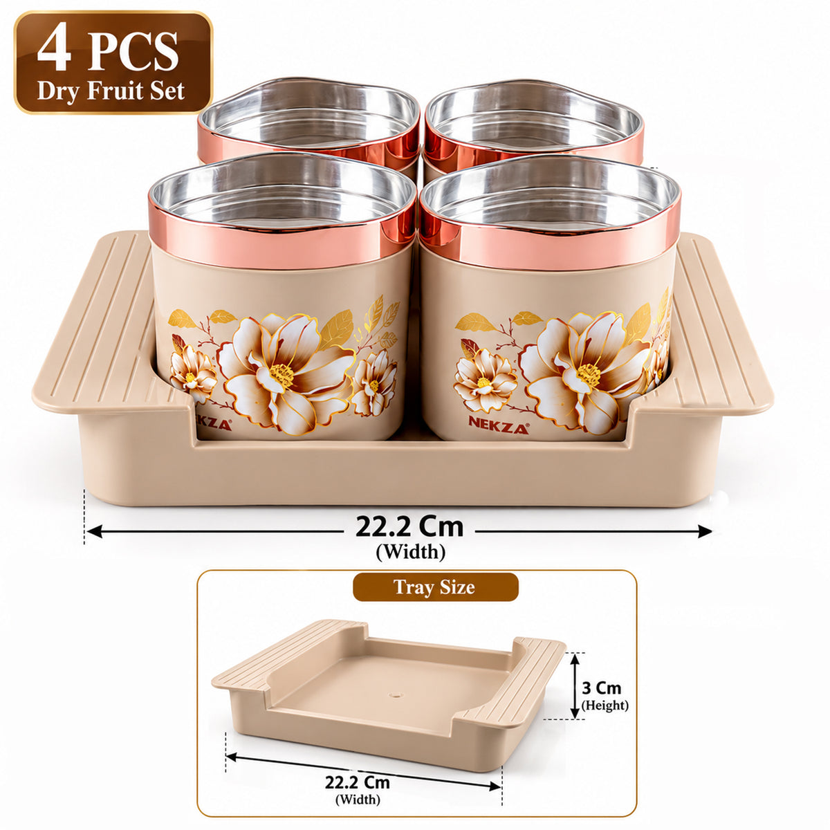Nekza Golden dry fruit container set with serving tray, 4 containers, tray dimensions