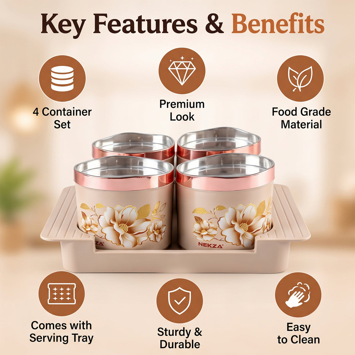 Nekza Golden dry fruit container set with serving tray, 4 containers, product view 7