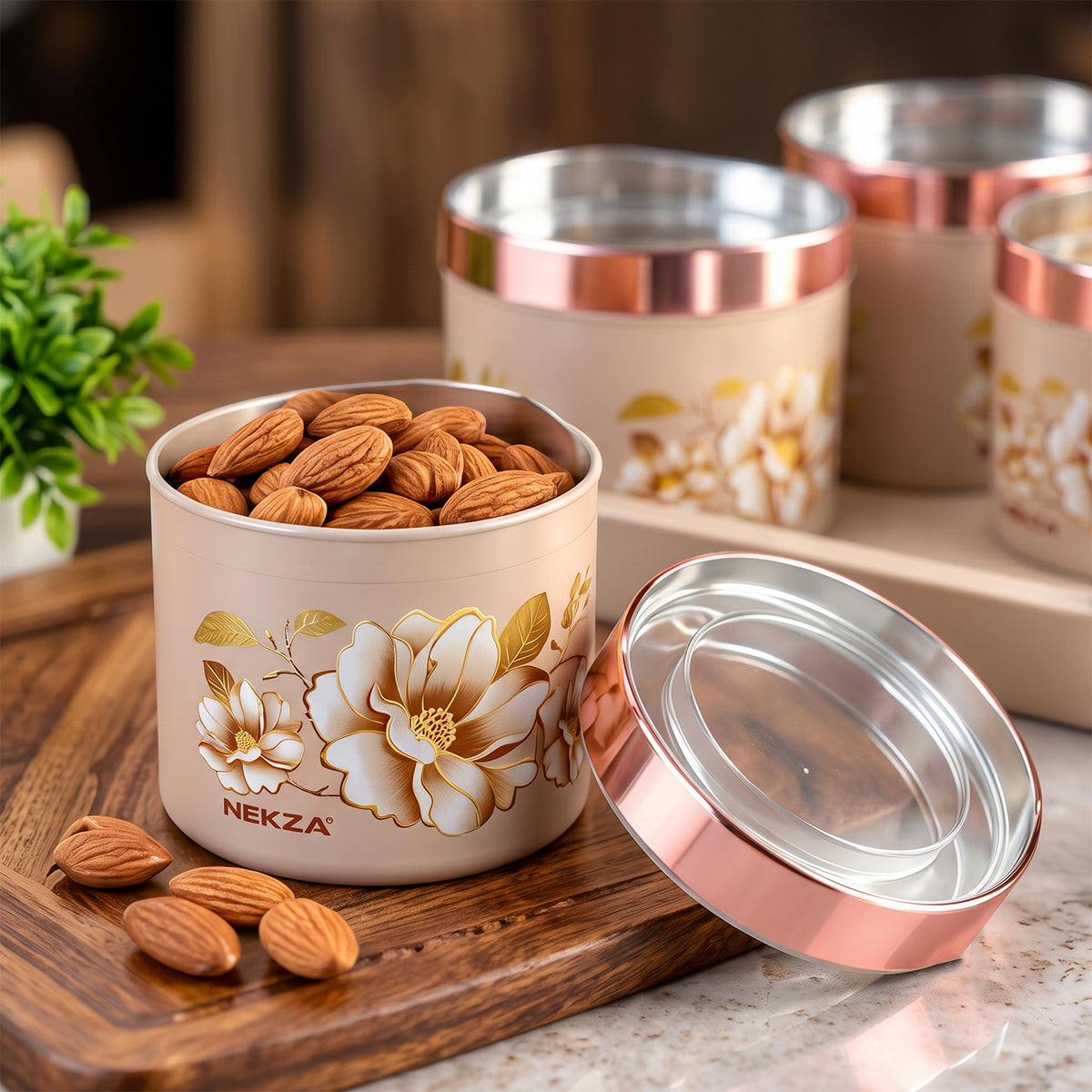 Nekza Golden dry fruit container set with serving tray, 4 containers, product view 8