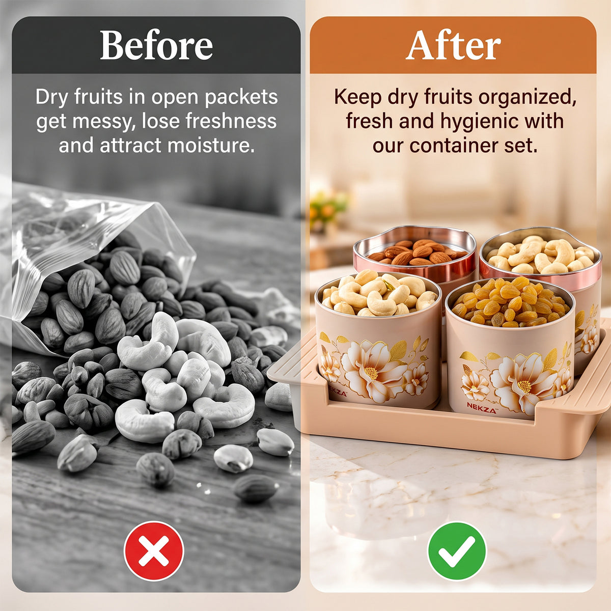 Nekza Golden dry fruit container set with serving tray, 4 containers, product view 9