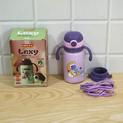 Kids stainless steel sipper bottle actual product with strap and accessories