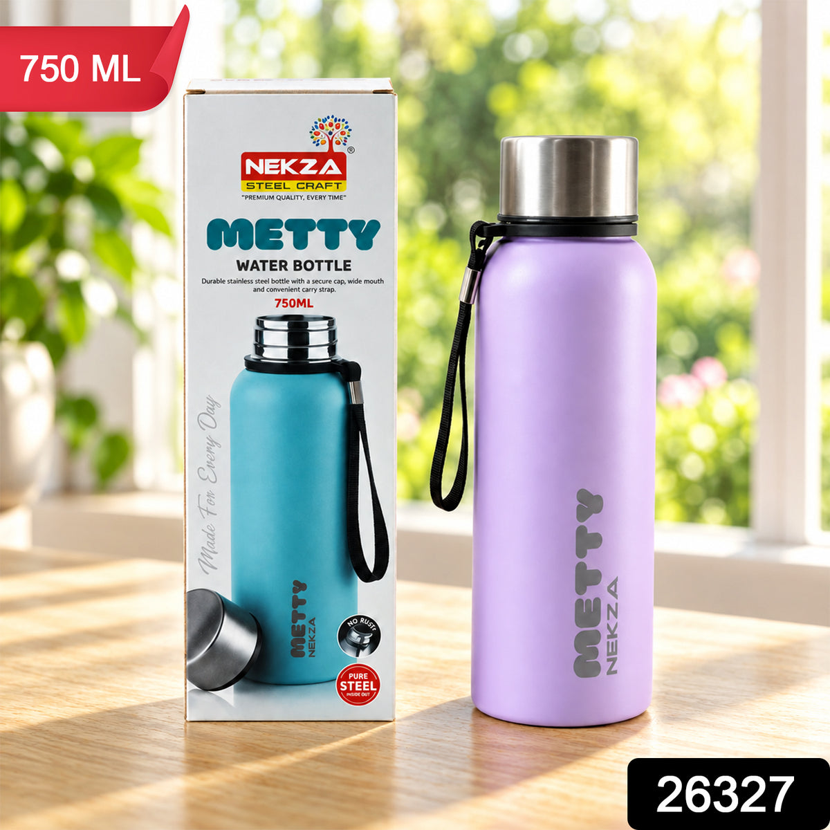 A purple Metty water bottle with a silver cap and black strap sits beside its product box on a wooden table.