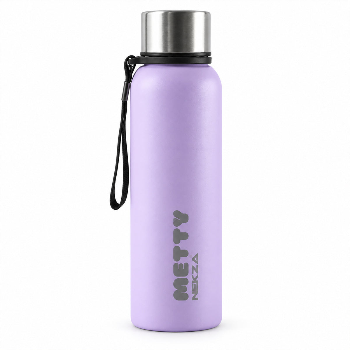 A light purple Metty water bottle with a silver cap and black carry strap stands upright on a white surface.