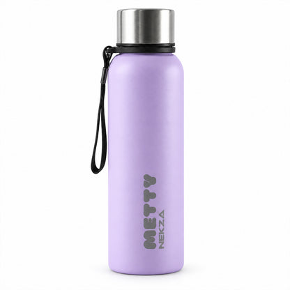 A light purple Metty water bottle with a silver cap and black carry strap stands upright on a white surface.
