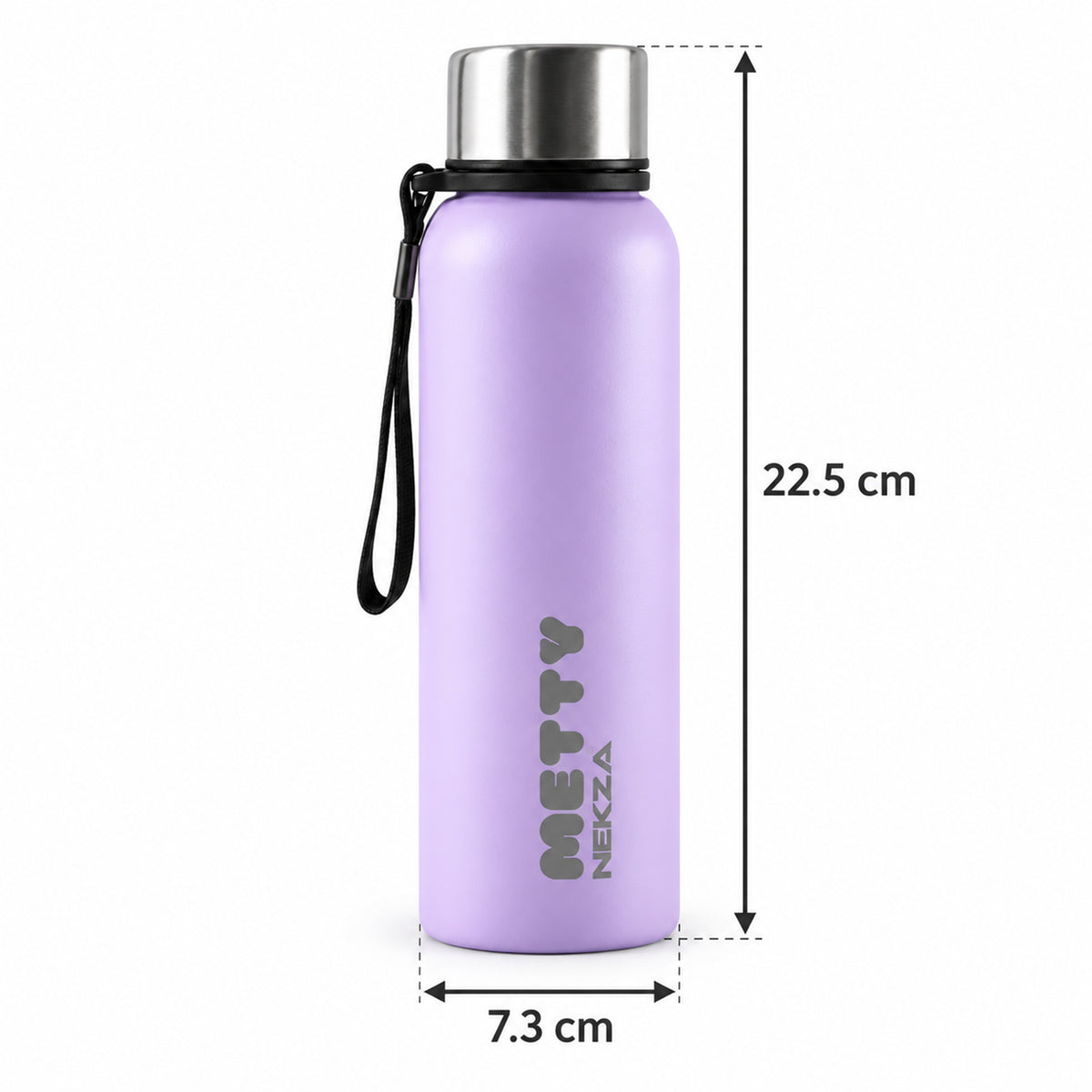 A light purple Metty water bottle with a silver cap and strap shows dimensions of 22.5 cm height and 7.3 cm width.