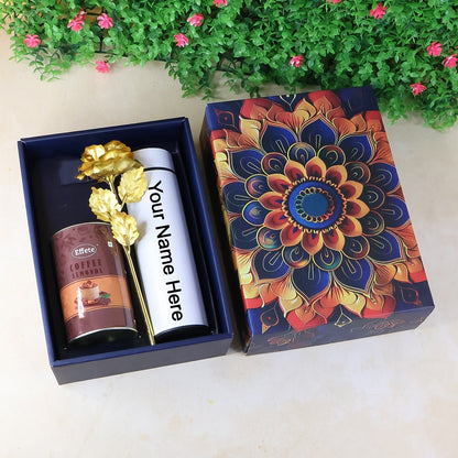 Personalized Temperature Water Bottle, Effete Coffee Almonds Gift Hamper, Golden Rose With Bottle (3 Pc Set)