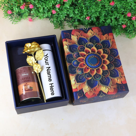 Personalized Temperature Water Bottle, Effete Coffee Almonds Gift Hamper, Golden Rose With Bottle (3 Pc Set)