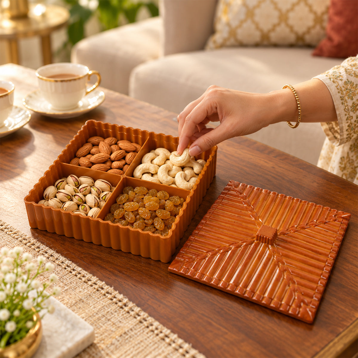 Four compartment dry fruit and snack storage box with decorative lid King-Multipurpose-Storage-Box-02.jpg