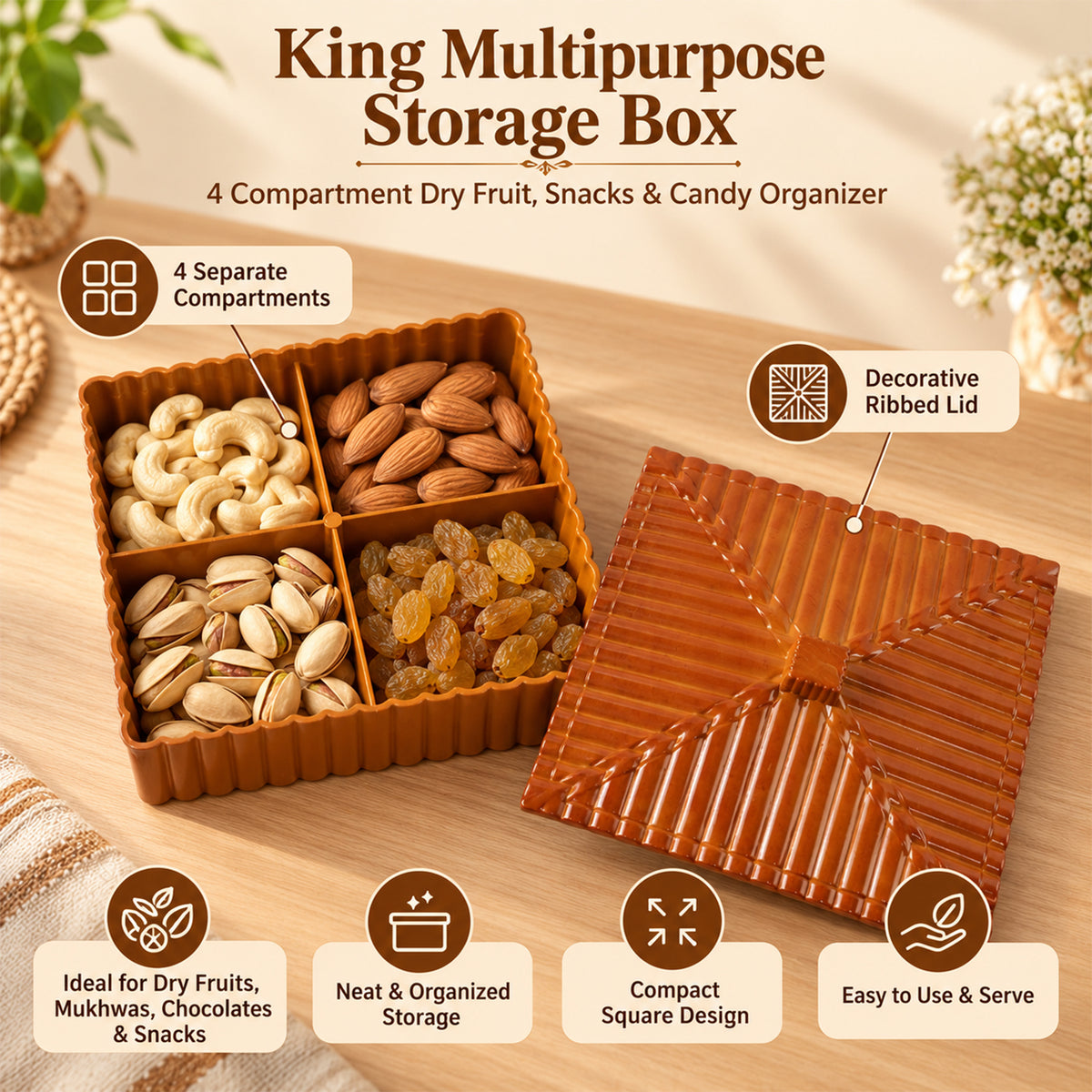 Four compartment dry fruit and snack storage box with decorative lid King-Multipurpose-Storage-Box-06.jpg