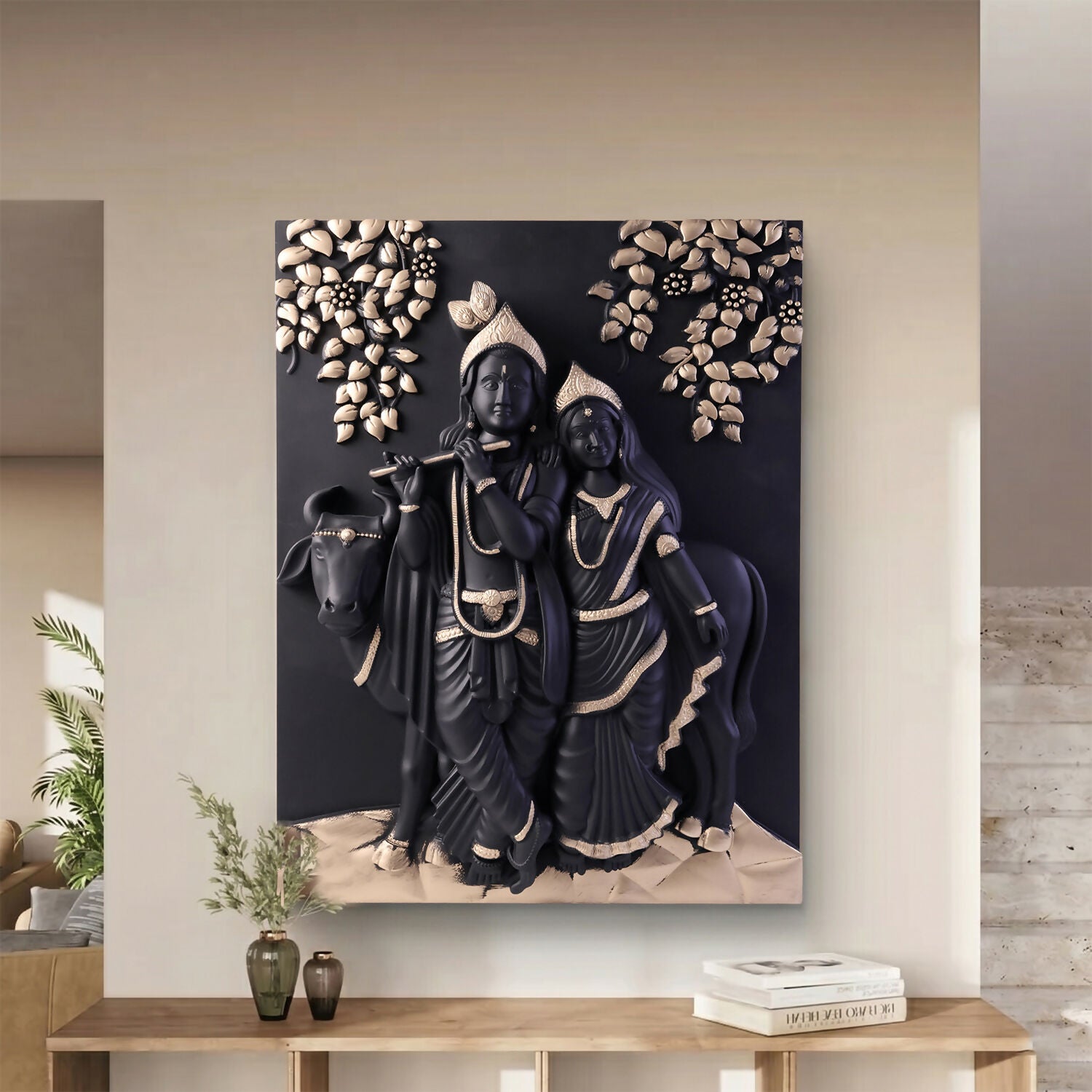 Black and gold Radha Krishna wall art hanging on wall