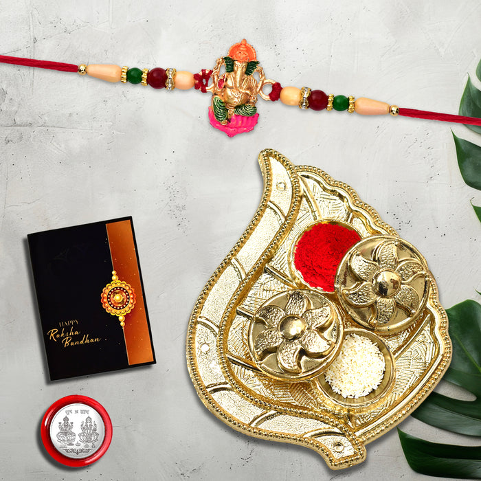 Lord Ganesha With Colorful Design With Leaf Pooja Thali Set ,Silver Color Pooja Coin, Roli Chawal & Greeting Card