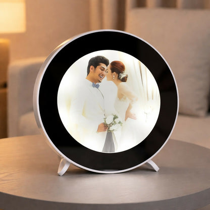 Round LED photo frame mirror lamp showcasing custom picture