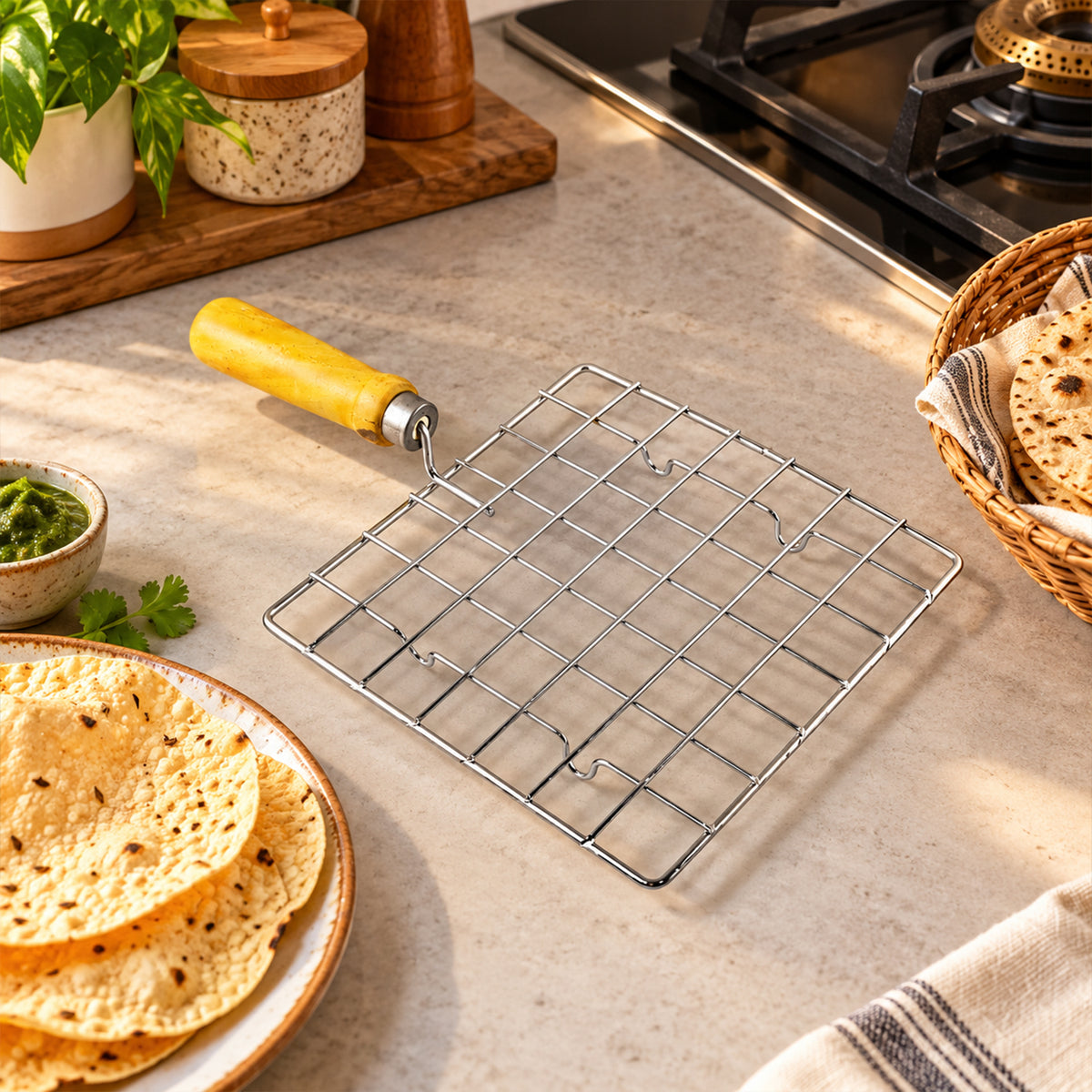 Square Wire Roti and Papad Roaster with Wooden Handle (1 Pc, Big)