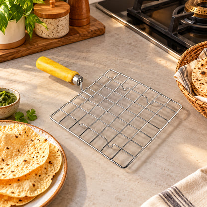 Square Wire Roti and Papad Roaster with Wooden Handle (1 Pc, Big)