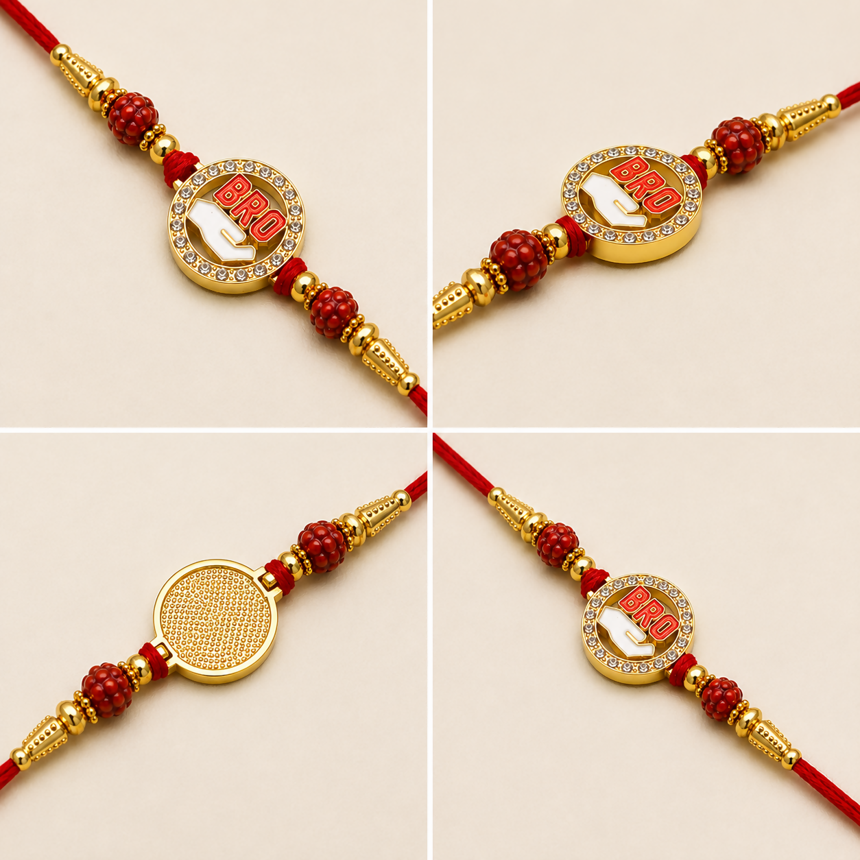 Four views of a red thread bracelet with a golden circular "BRO" charm, featuring rhinestones and red carved beads.