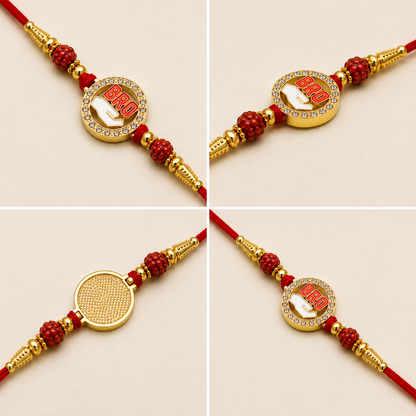 Four views of a red thread bracelet with a golden circular "BRO" charm, featuring rhinestones and red carved beads.
