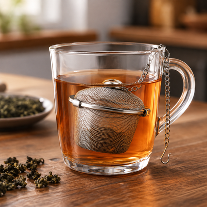 A stainless steel mesh tea infuser steeping in a clear glass mug of amber tea, with loose tea leaves on a wooden table.
