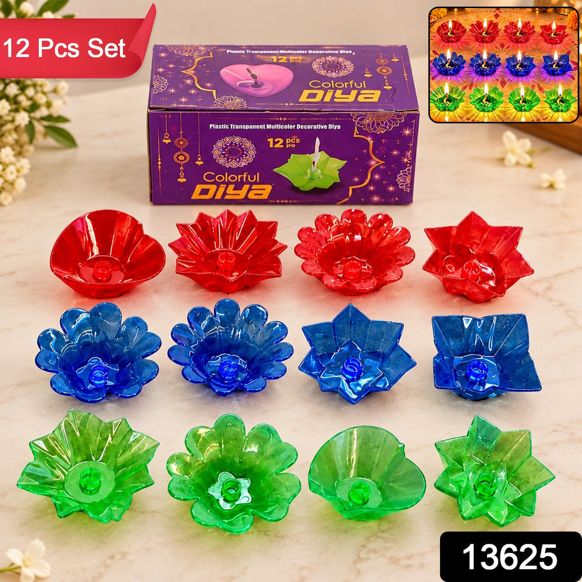 A purple box of 12 colorful diyas, with red, blue, and green plastic diyas arranged around it, and a red banner with text.