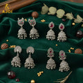 Oxidised Silver Jhumka Earrings Set – 4 Pairs with Intricate Stone Detailing