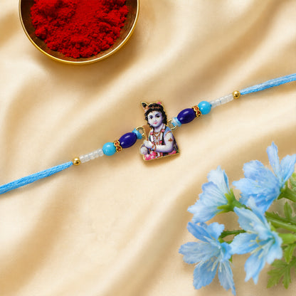 Lord Krishna Designer Rakhi with blue beads on soft thread