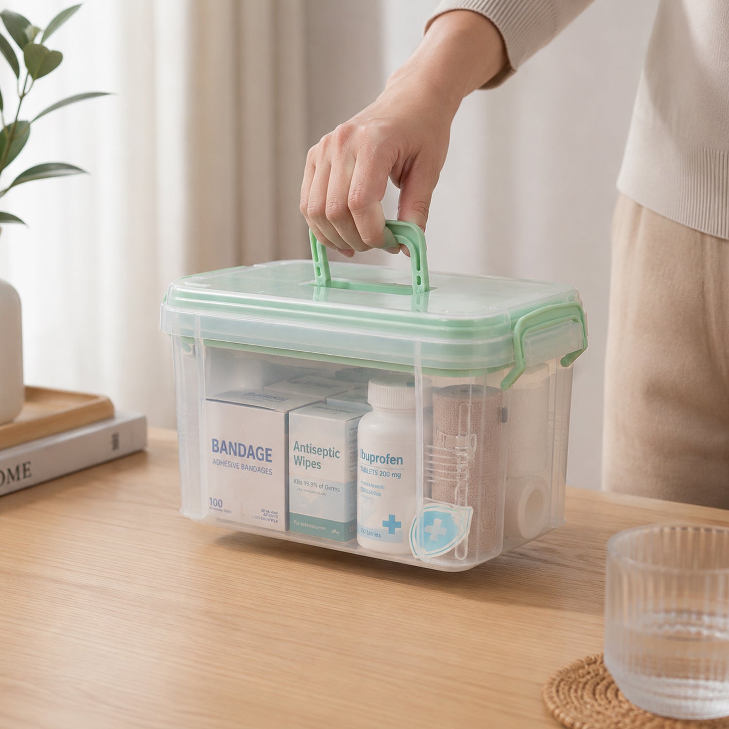 Portable first aid medicine storage box with handle