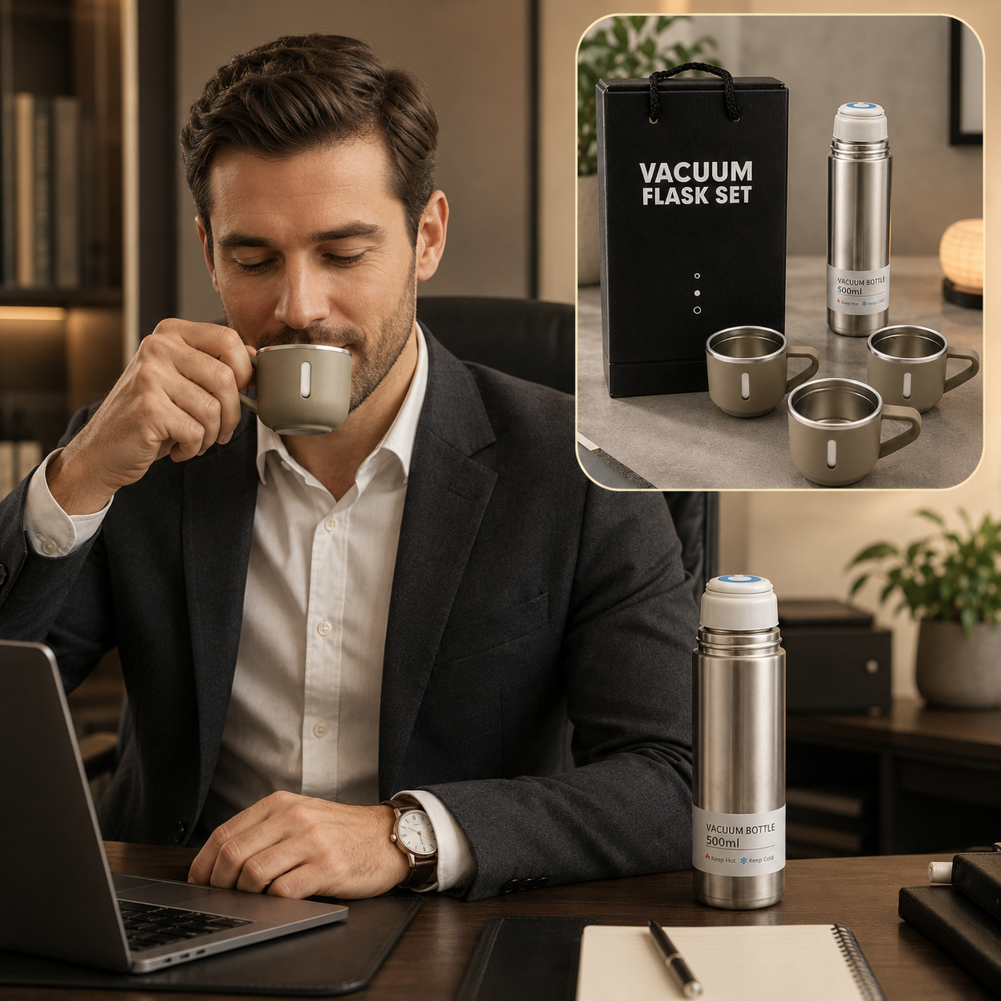 A man in a suit sips from a small cup, with a vacuum flask set on the desk and an inset showing the set.