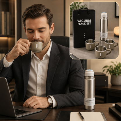 A man in a suit sips from a small cup, with a vacuum flask set on the desk and an inset showing the set.