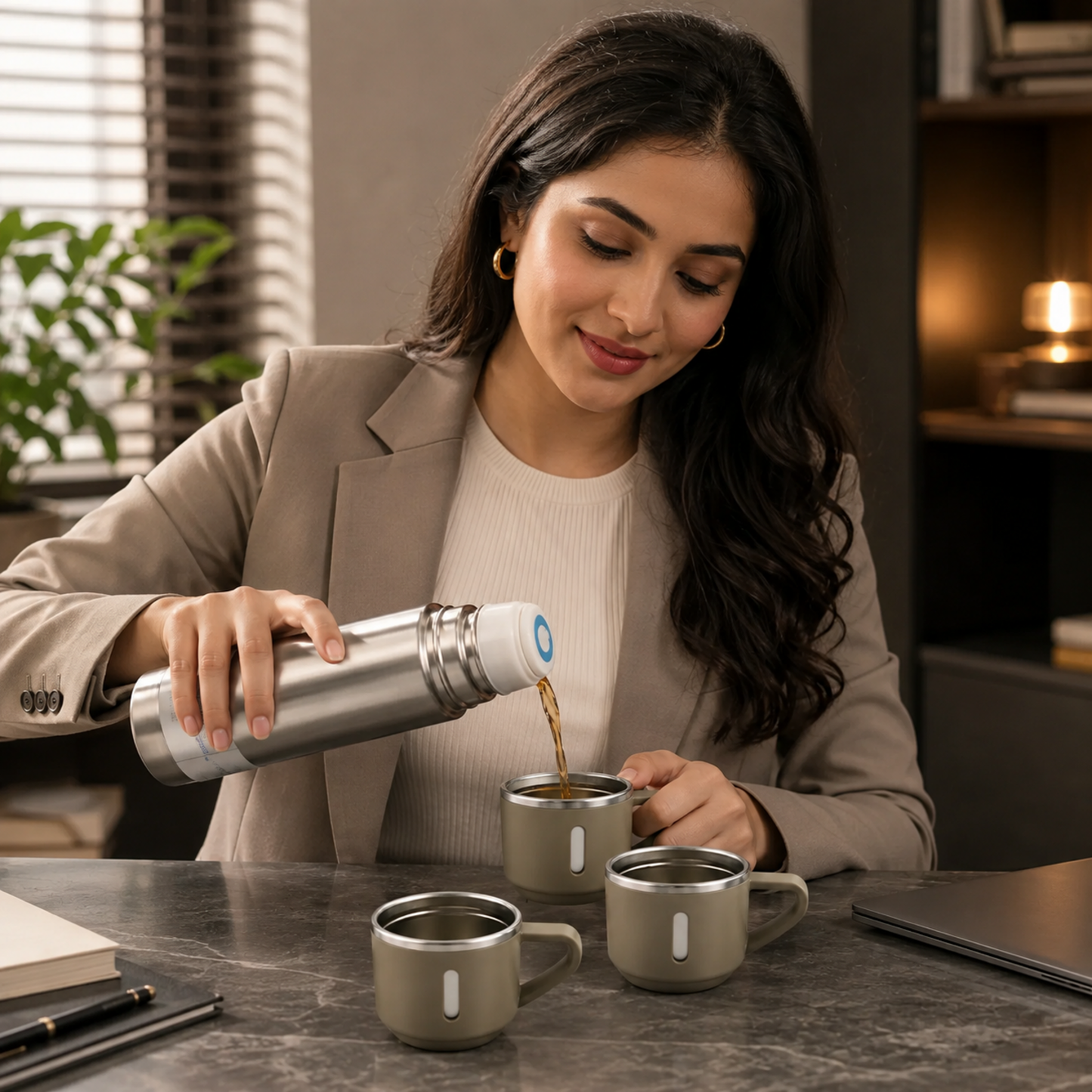 A woman in a beige blazer pours coffee from a silver vacuum flask into a small beige mug on a dark marble desk.