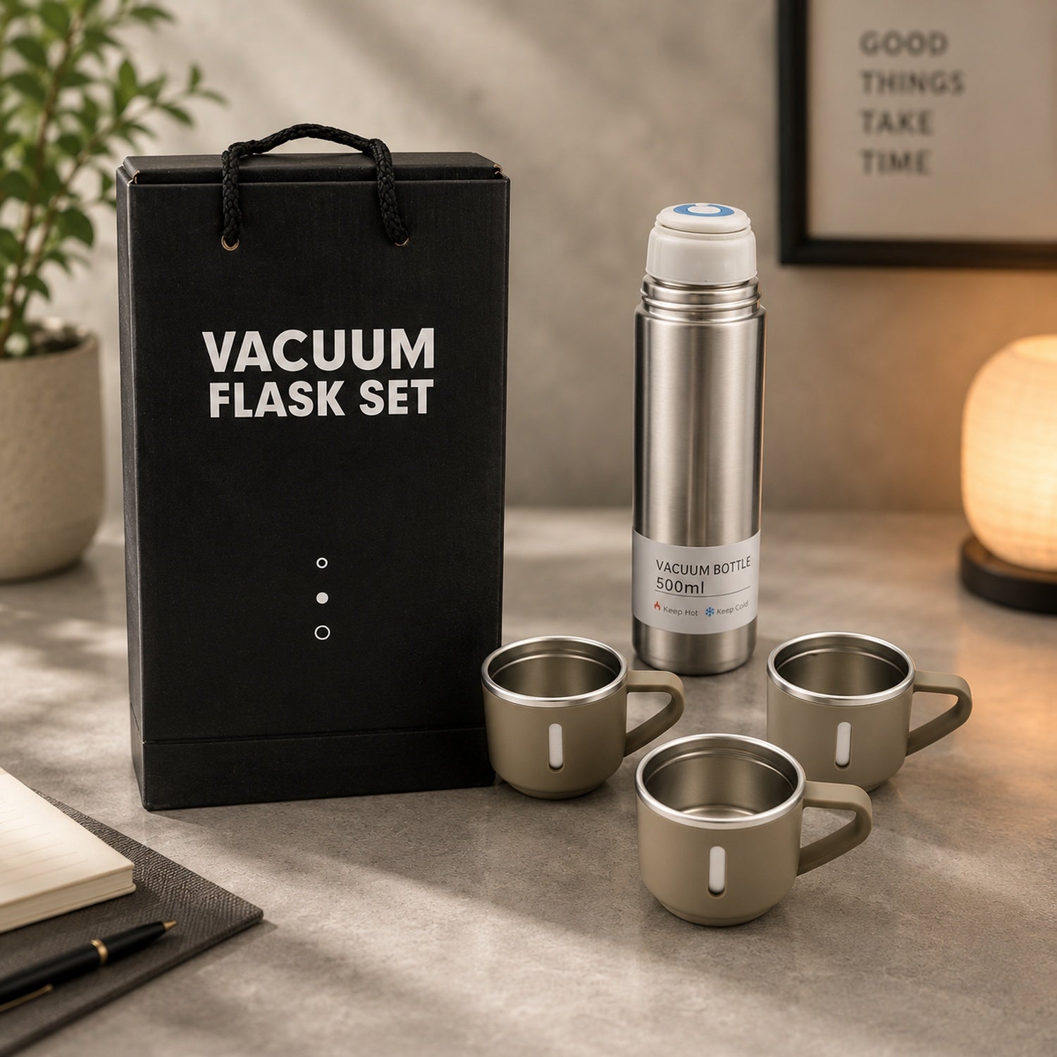 A stainless steel vacuum flask and three matching beige cups with a black gift bag on a grey surface.