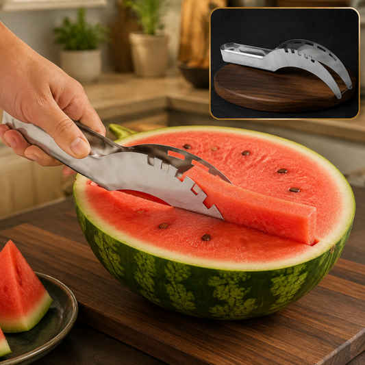 A hand uses a silver stainless steel slicer to cut a slice from a red watermelon on a wooden board.