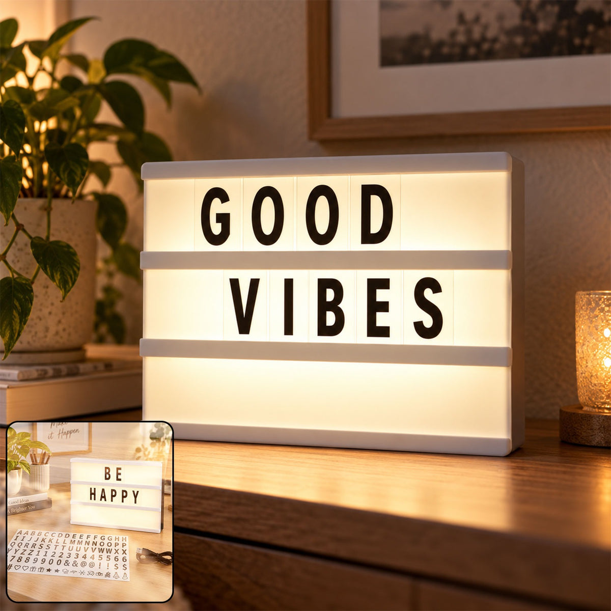 A white LED message box displaying "GOOD VIBES" glows warmly on a wooden desk beside a potted plant.