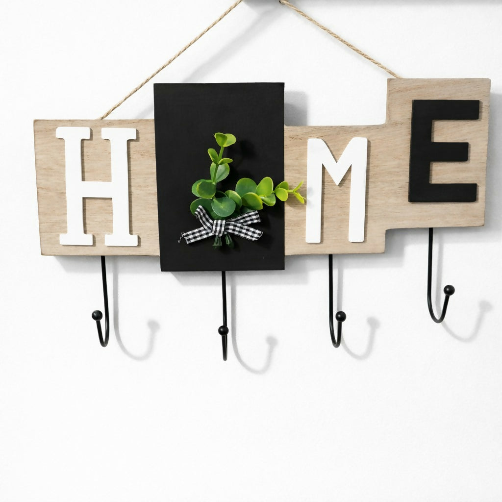 Wooden HOME Key Holder Wall Mount with Hooks for Entryway