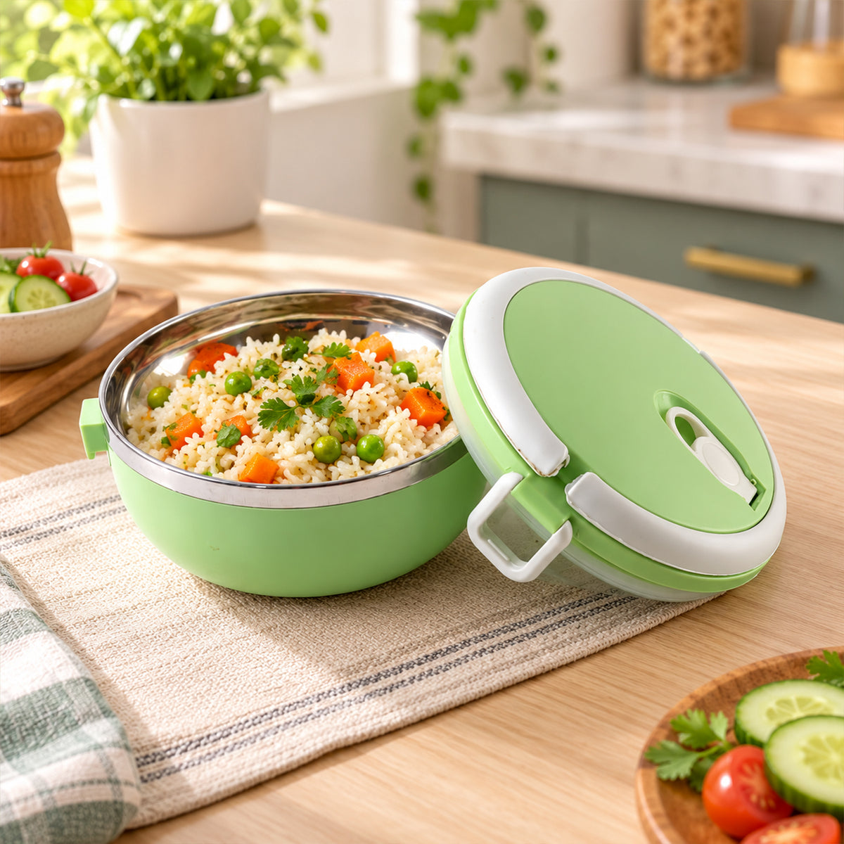 Single layer lunch box with steel inner bowl - main lifestyle