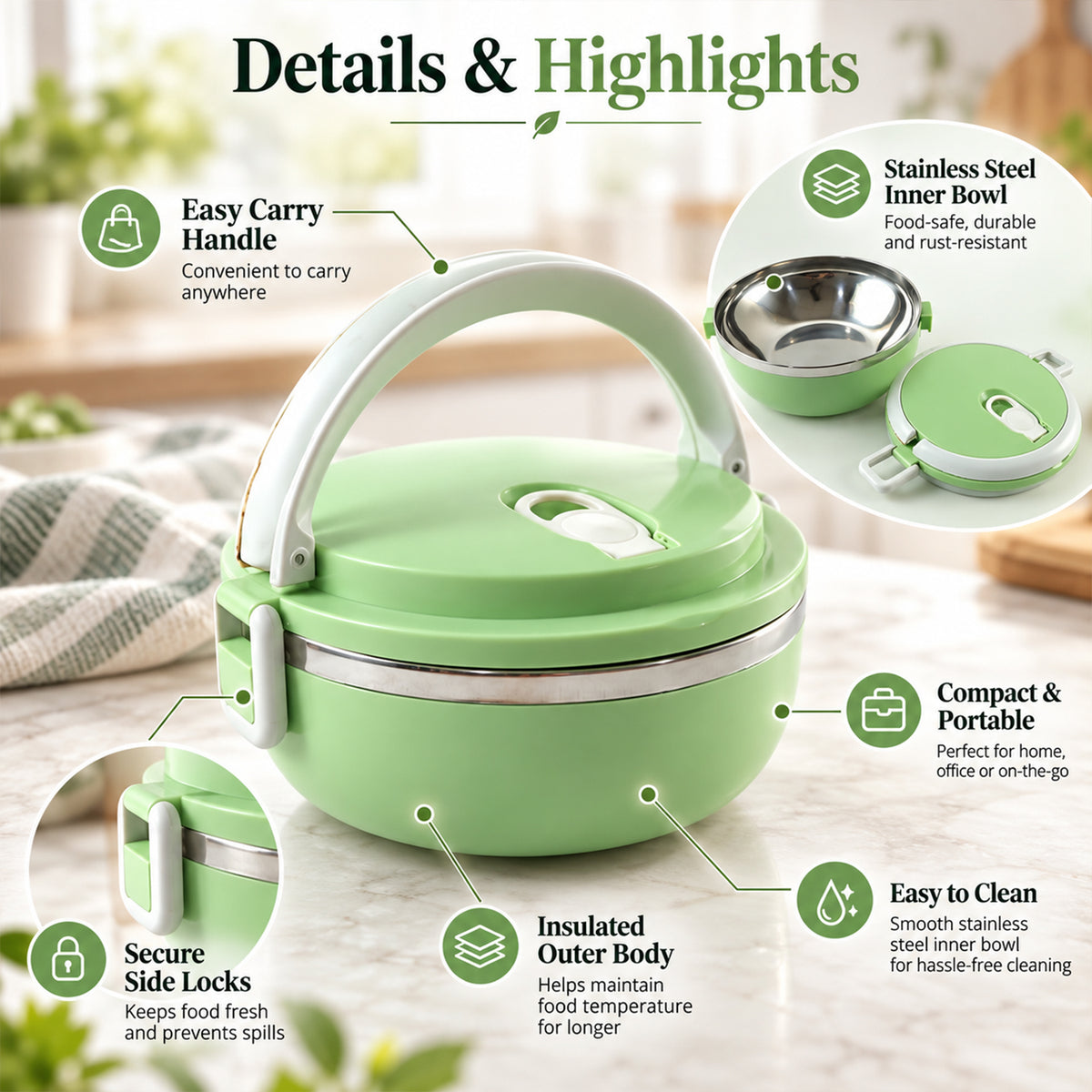 Single layer lunch box with steel inner bowl - carry handle details