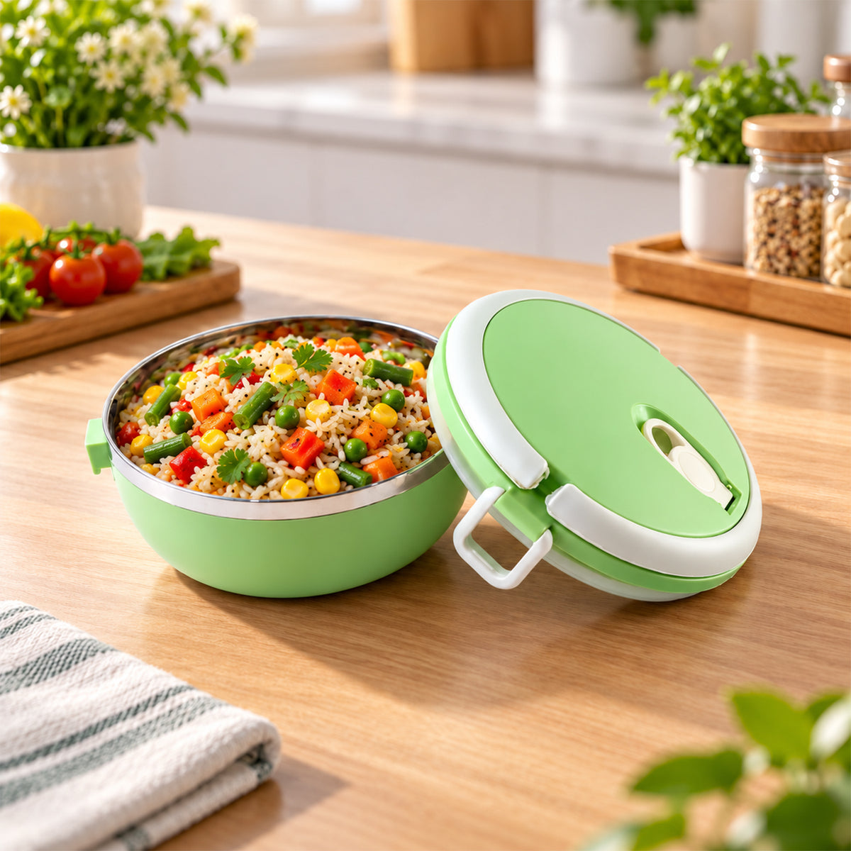 Single layer lunch box with steel inner bowl - food storage display