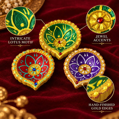 Decorative Painted Clay Diyas with Lotus Motifs and Gold-Tone Rims (12 Pc)