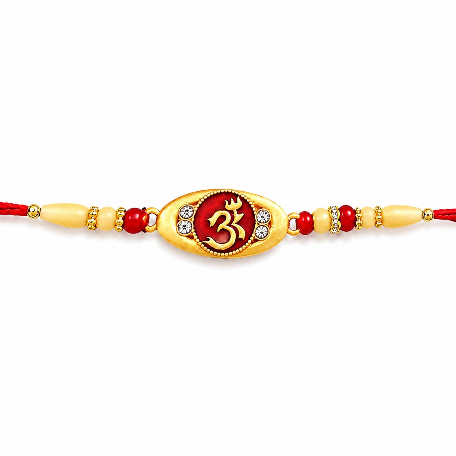 Artistic display of the Spiritual Om Rakhi, highlighting its premium materials and traditional charm.