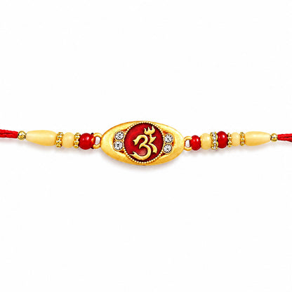 Artistic display of the Spiritual Om Rakhi, highlighting its premium materials and traditional charm.