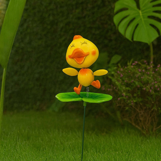 Cute Yellow Duck Garden Stake for Outdoor Décor – Metal Duck Yard Ornament with Leaf Base (1 PC)