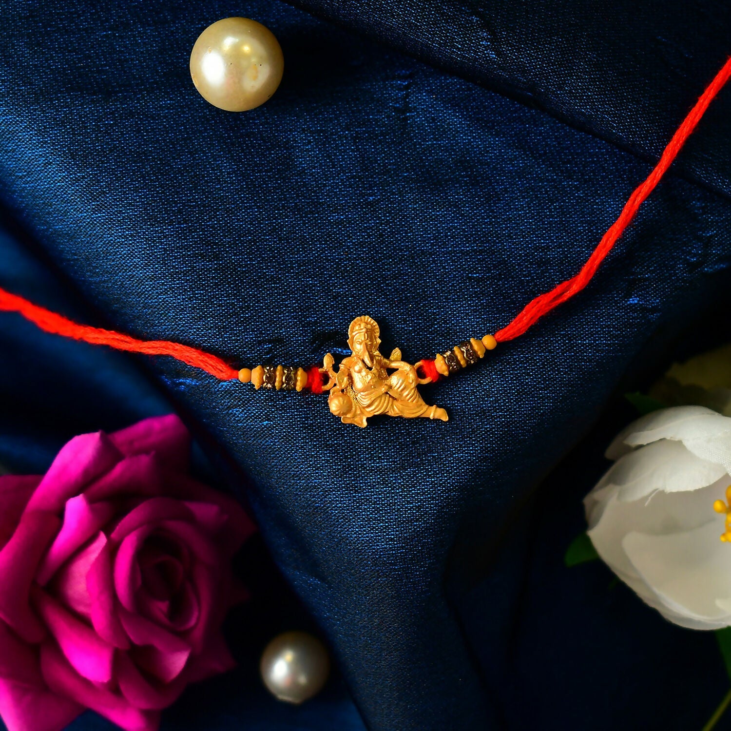 Ganesha Rakhi Rudraksha & Pearl Beads for Brother (5pcs)