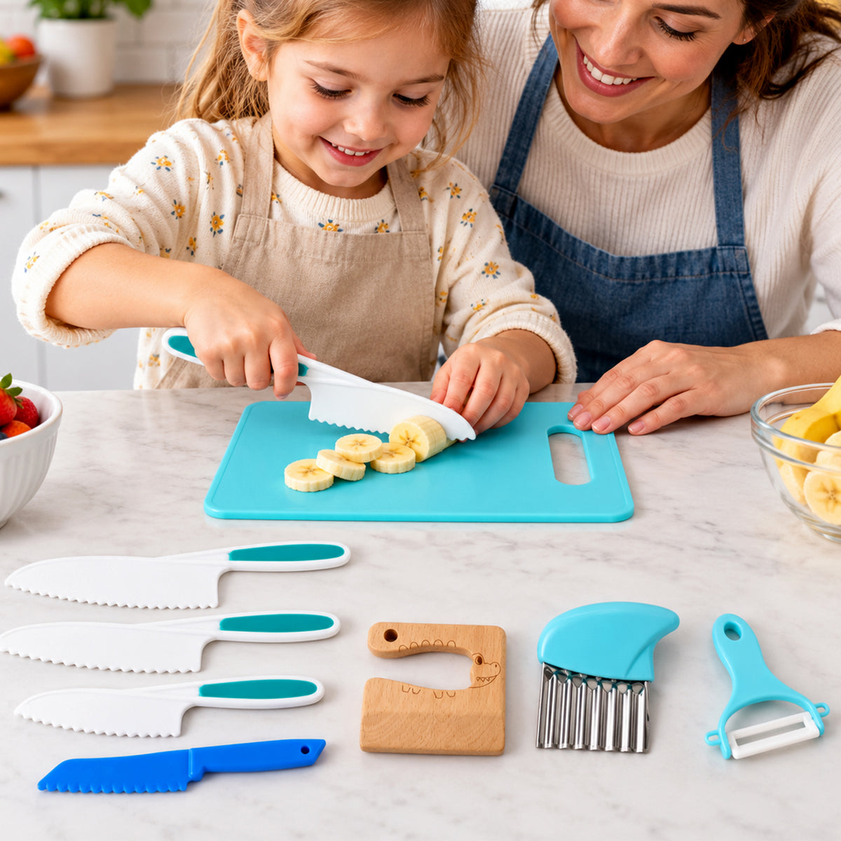 Kids Kitchen Set with Knives, Board, Peeler and Crinkle Cutter (8 In 1)