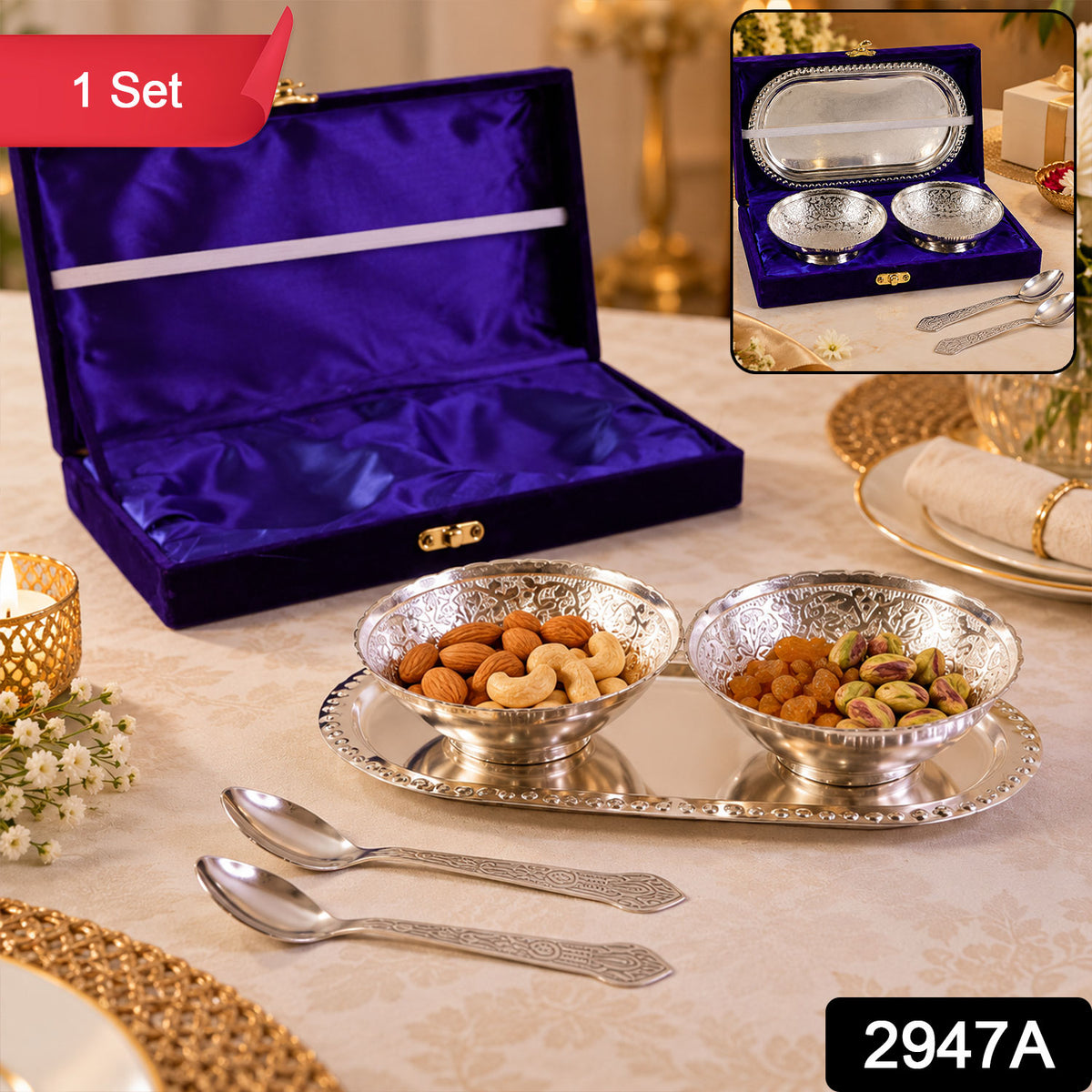 Silver-Plated Brass Bowl Set with Elegant Serving Tray & Velvet Gift B