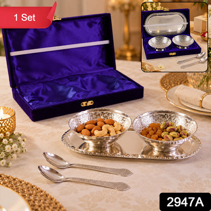Silver-Plated Brass Bowl Set with Elegant Serving Tray & Velvet Gift B