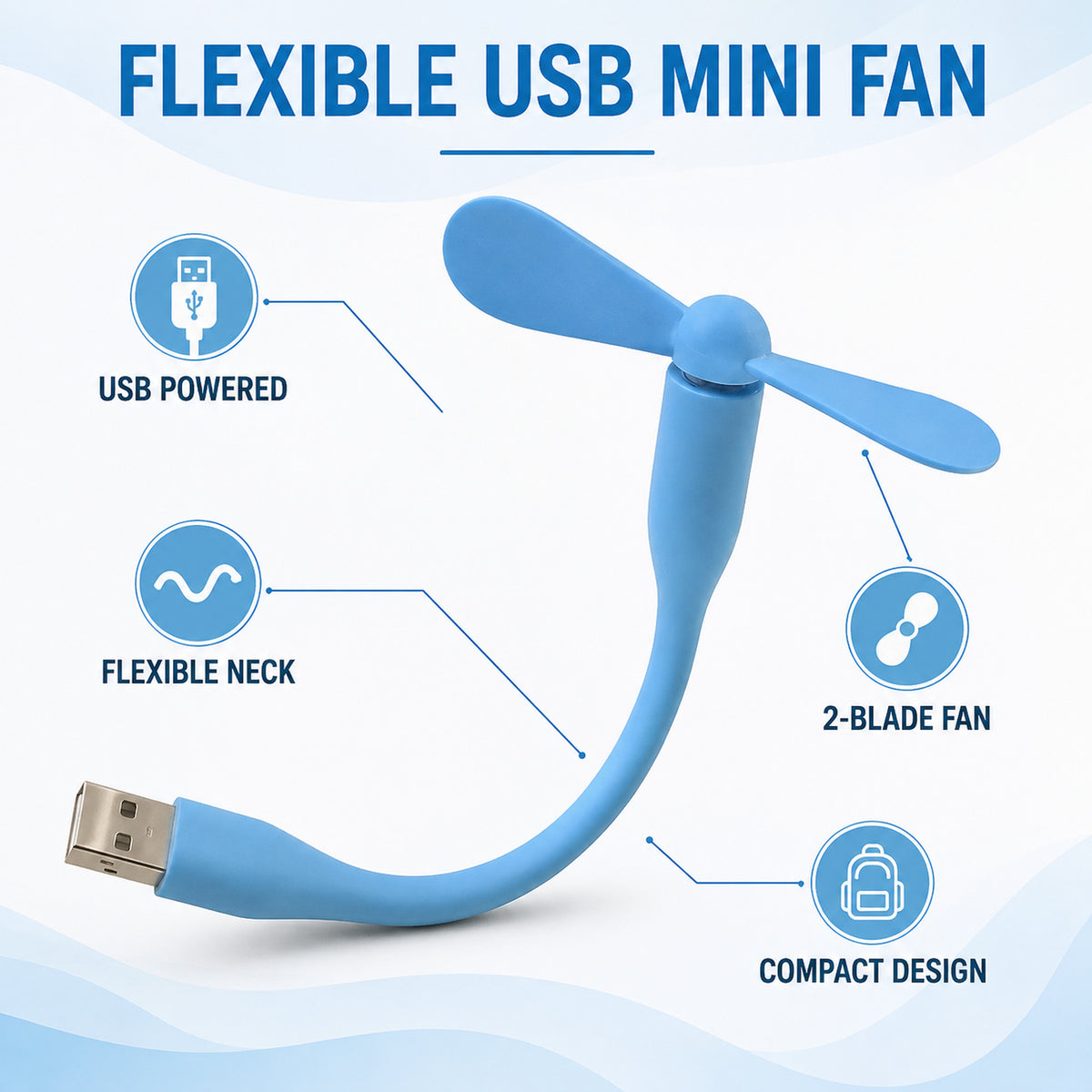 A blue flexible USB fan with two blades and a metal USB connector is shown with descriptive text.