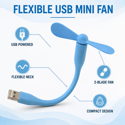 A blue flexible USB fan with two blades and a metal USB connector is shown with descriptive text.