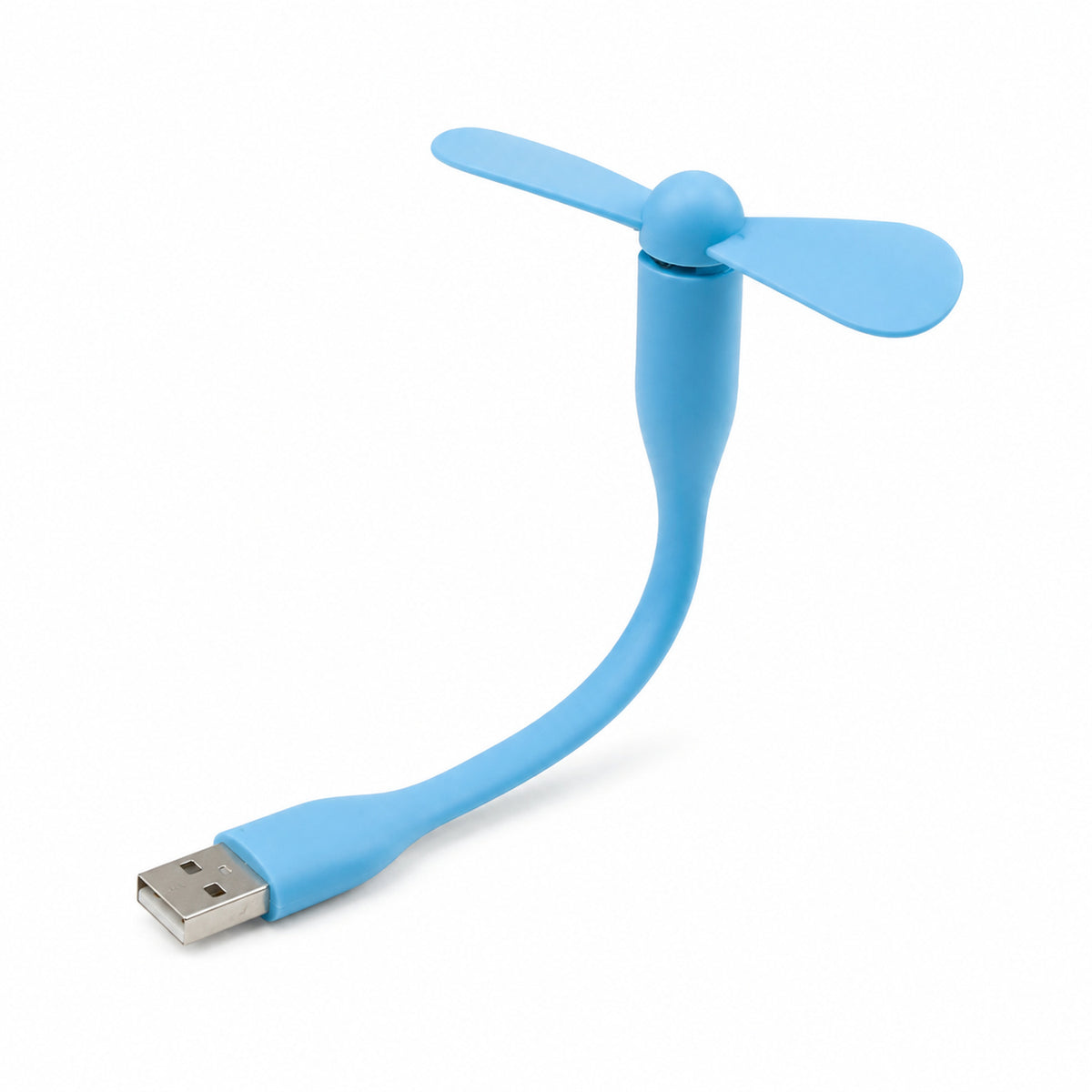 A blue flexible USB fan with two blades and a metal USB connector is positioned on a white background.